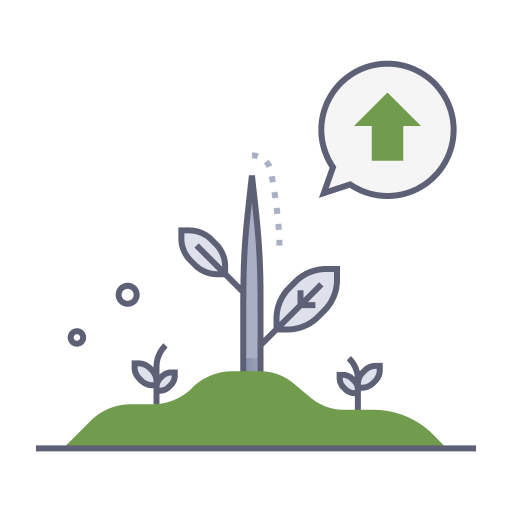 Icono de crecimiento agrícola sostenible con plantas y flecha hacia arriba