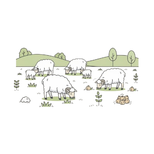 Ilustración de ovejas pastando en granja rural con paisaje campestre