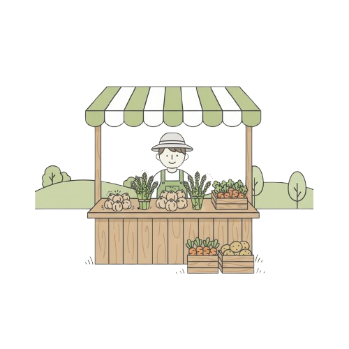 Puesto de mercado de productos agrícolas frescos con agricultor vendiendo verduras