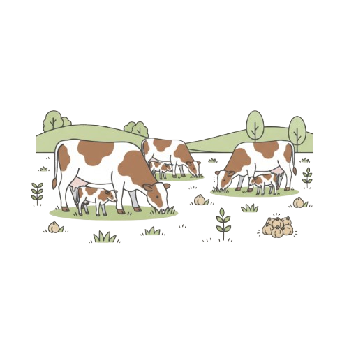 Ilustración de vacas pastando en granja con paisaje rural y árboles